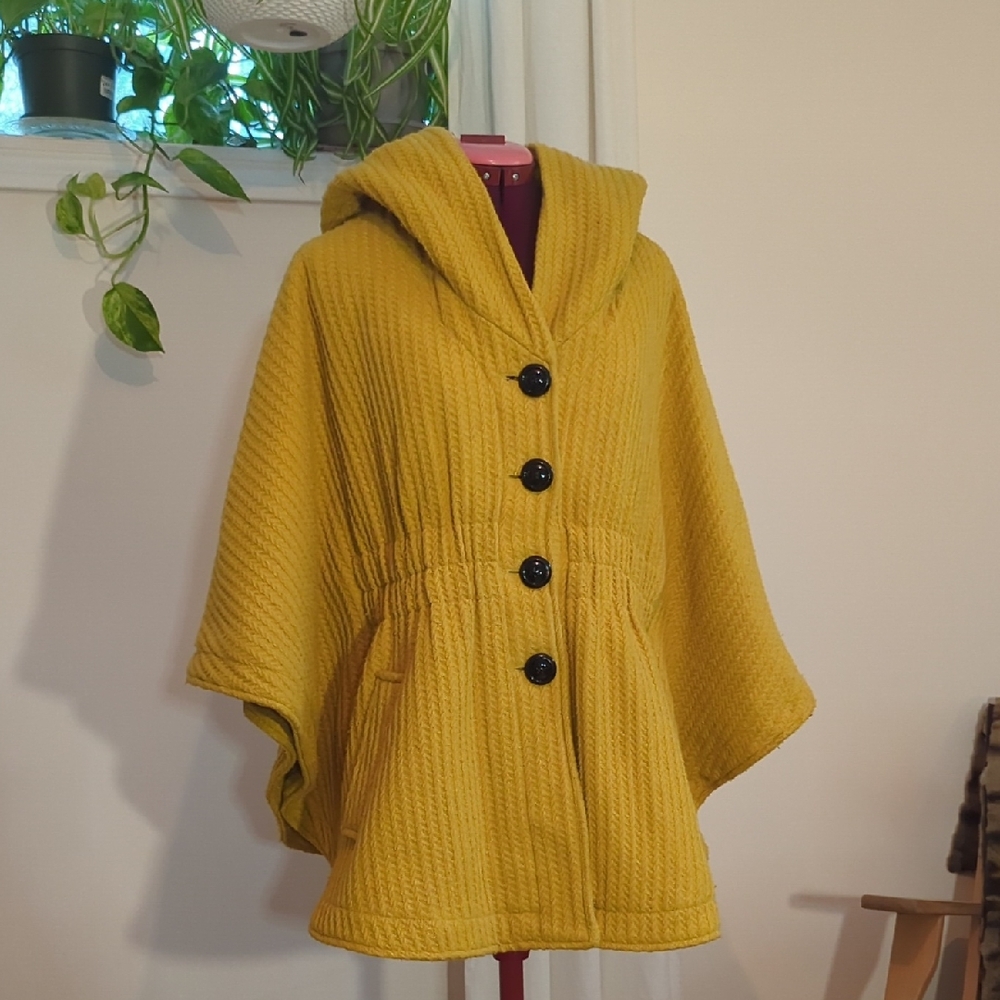 Steve Madden Mustard Hooded Poncho with Black Buttons